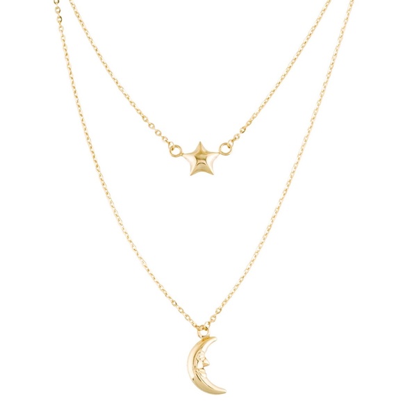 14K Yellow Gold Moon & Star Layered Necklace - Picture 1 of 2